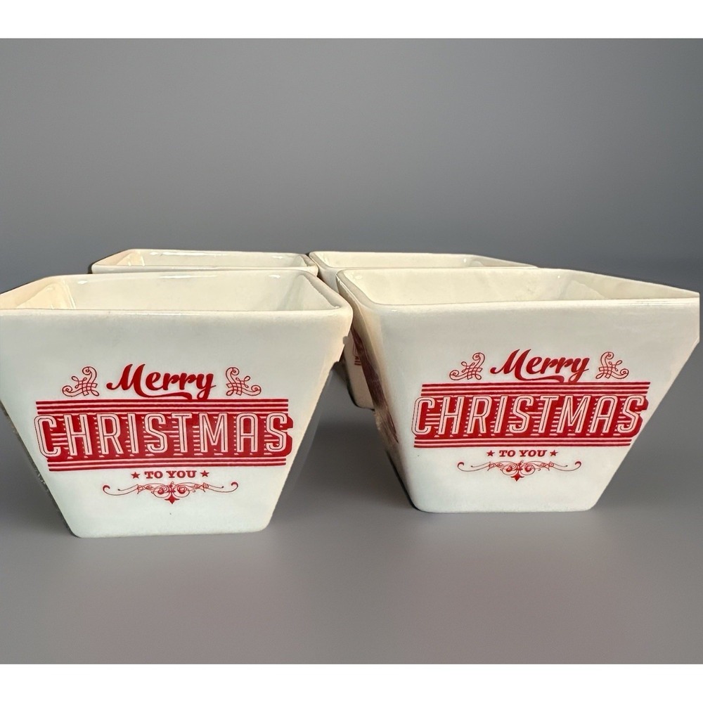Set of 4 Ciroa Simple Serve White Merry Xmas Square Appetizer Fruit Bowls 4"